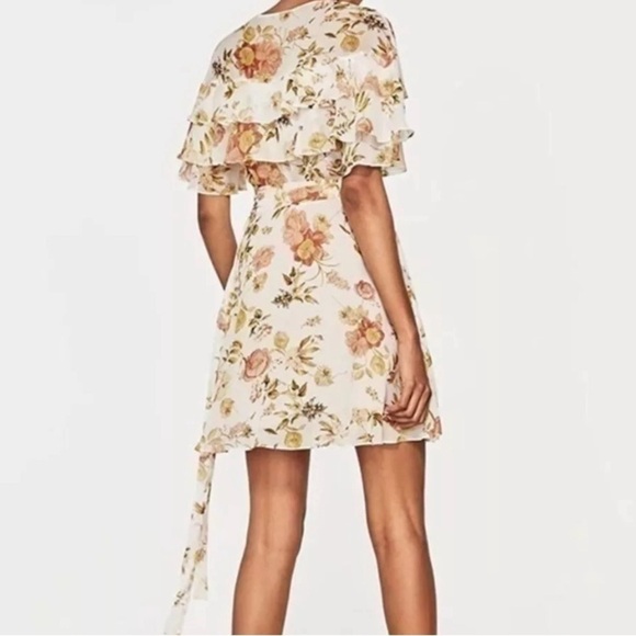 Zara Cream Fall floral chiffon ruffle wrap dress Fairycore Boho western feminine - Picture 2 of 16